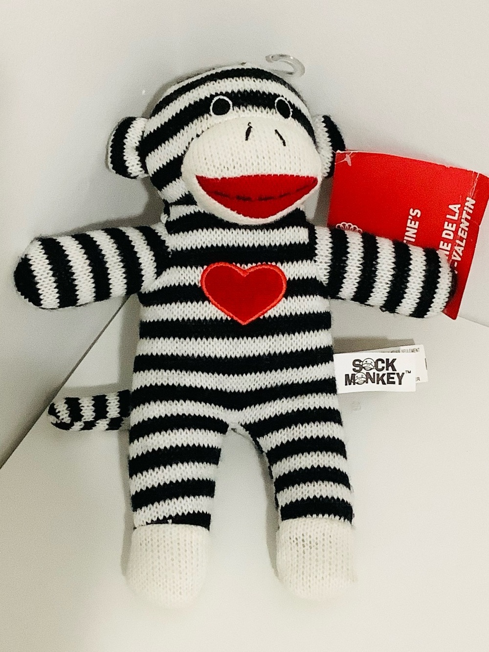 Sock Monkey 2017 Black & White Striped with Red Heart  NWT